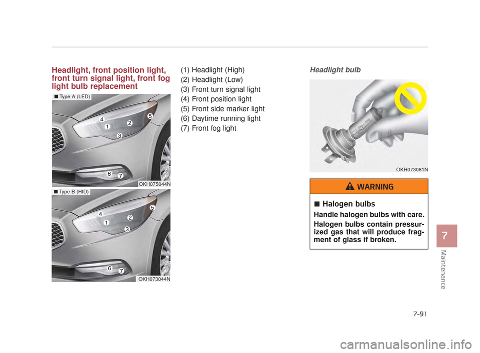 KIA K900 2015 1.G Owners Manual Maintenance
7
7-91
Headlight, front position light,
front turn signal light, front fog
light bulb replacement(1) Headlight (High)
(2) Headlight (Low)
(3) Front turn signal light
(4) Front position lig