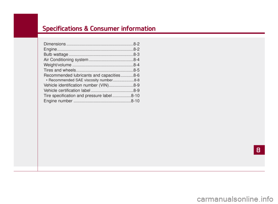 KIA K900 2015 1.G Owners Manual Specifications & Consumer information
Dimensions .........................................................8-2
Engine .................................................................8-2
Bulb wattage .