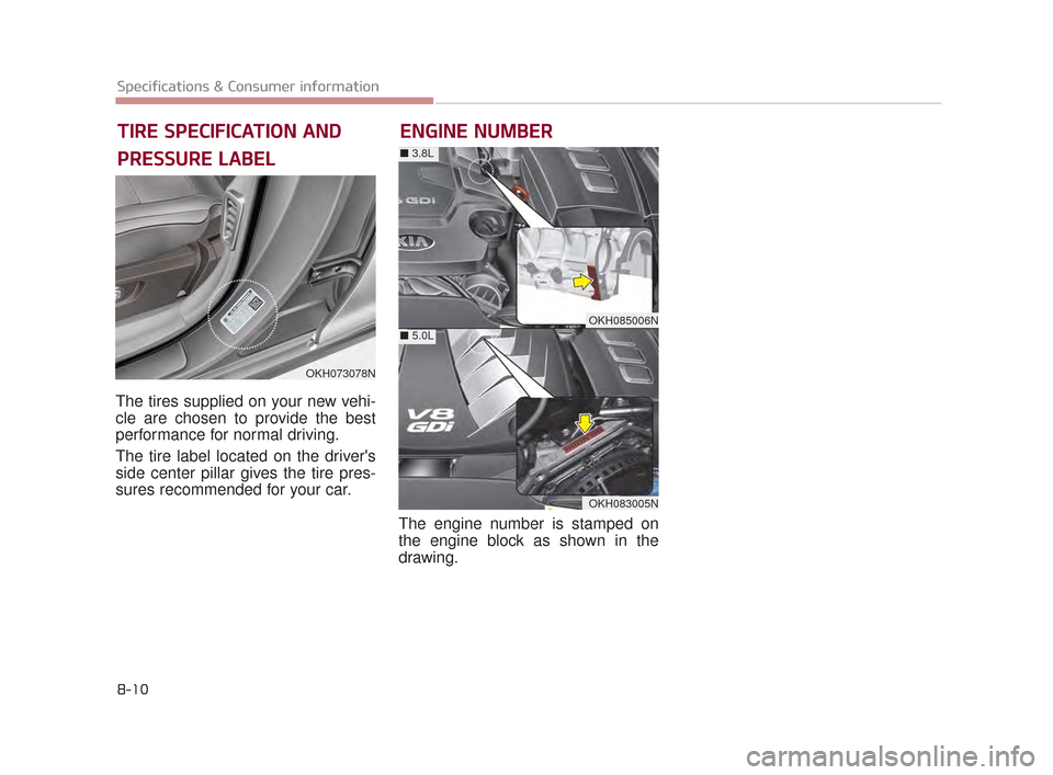 KIA K900 2015 1.G Owners Manual 8-10
Specifications & Consumer information
The tires supplied on your new vehi-
cle are chosen to provide the best
performance for normal driving.
The tire label located on the drivers
side center pi KIA K900 2015 1.G Owners Manual 8-10
Specifications & Consumer information
The tires supplied on your new vehi-
cle are chosen to provide the best
performance for normal driving.
The tire label located on the drivers
side center pi