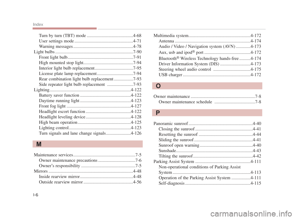 KIA K900 2015 1.G Owners Manual I-6
Index
Turn by turn (TBT) mode .........................................4-68
User settings mode ....................................................4-71
Warning messages ...........................