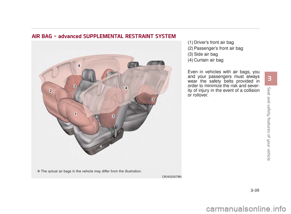 KIA K900 2015 1.G Workshop Manual Seat and safety features of your vehicle
3
3-39
(1) Driver’s front air bag
(2) Passenger’s front air bag
(3) Side air bag
(4) Curtain air bag
Even in vehicles with air bags, you
and your passenger