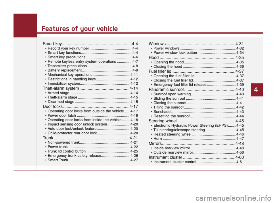 KIA K900 2015 1.G Owners Manual Features of your vehicle
4
Features of your vehicle
Smart key............................................................4-4
 .........................................4-4

 ...........................