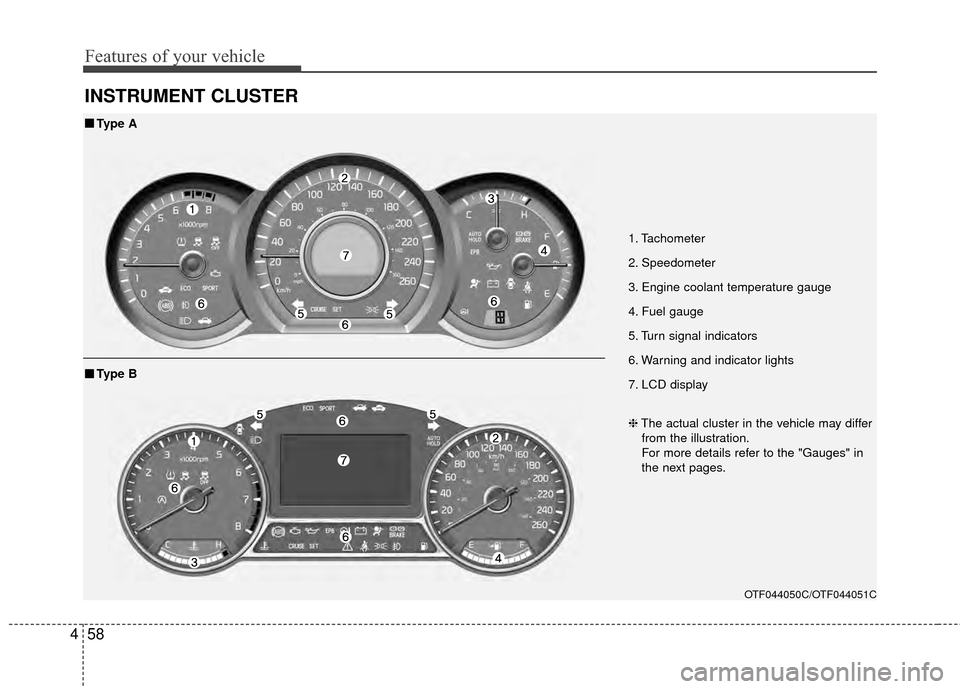 KIA Optima 2015 4.G Owners Guide Features of your vehicle
58
4
INSTRUMENT CLUSTER
1. Tachometer
2. Speedometer
3. Engine coolant temperature gauge
4. Fuel gauge
5. Turn signal indicators
6. Warning and indicator lights
7. LCD display