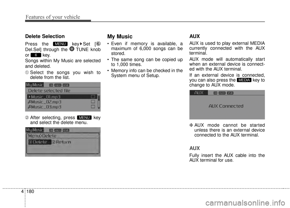 KIA Optima 2015 4.G Owners Manual Features of your vehicle
180
4
Delete Selection
Press the  key Set [
Del.Sel] through the  TUNE knob
or key.
Songs within My Music are selected
and deleted.
➀  Select the songs you wish to
delete fr