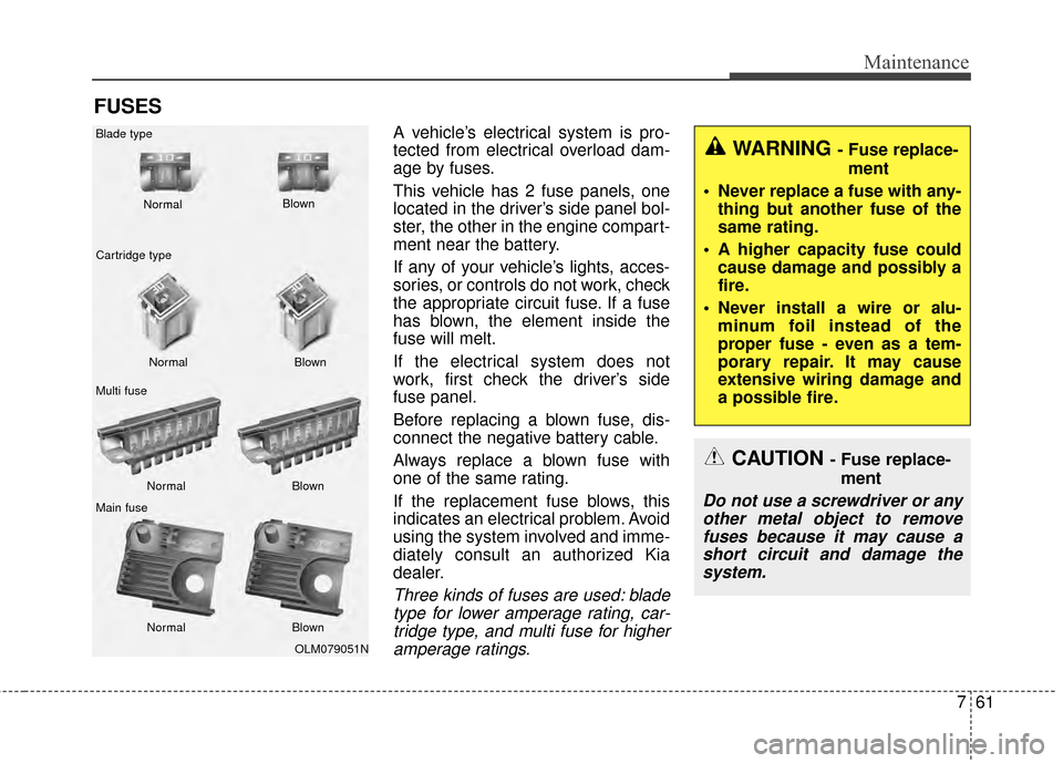 KIA Optima 2015 4.G Owners Manual 761
Maintenance
FUSES
A vehicle’s electrical system is pro-
tected from electrical overload dam-
age by fuses.
This vehicle has 2 fuse panels, one
located in the driver’s side panel bol-
ster, the
