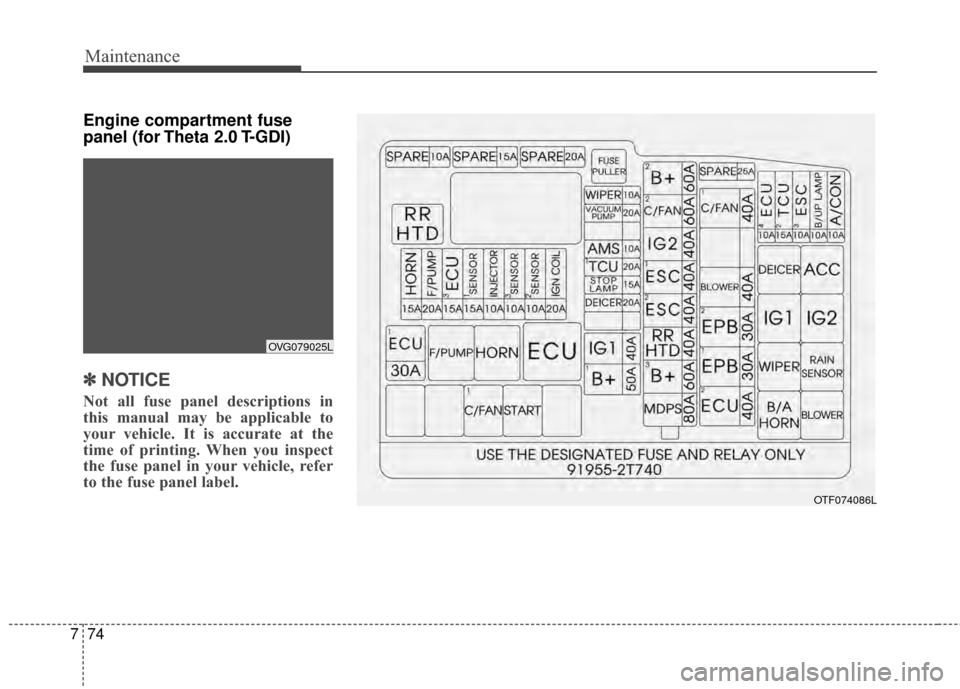 KIA Optima 2015 4.G Owners Manual Maintenance
74
7
Engine compartment fuse
panel (for Theta 2.0 T-GDI)
✽ ✽
NOTICE
Not all fuse panel descriptions in
this manual may be applicable to
your vehicle. It is accurate at the
time of prin