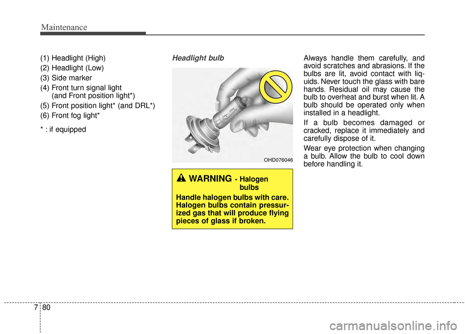 KIA Optima 2015 4.G Owners Manual Maintenance
80
7
(1) Headlight (High)
(2) Headlight (Low)
(3) Side marker
(4) Front turn signal light 
(and Front position light*)
(5) Front position light* (and DRL*)
(6) Front fog light*
* : if equi