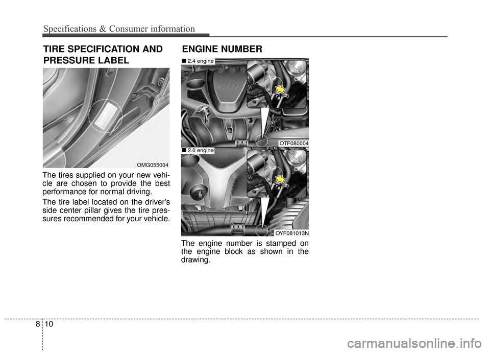 KIA Optima 2015 4.G Owners Manual Specifications & Consumer information
10
8
The tires supplied on your new vehi-
cle are chosen to provide the best
performance for normal driving.
The tire label located on the drivers
side center pi