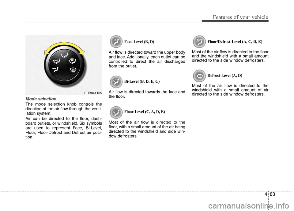 KIA Rio 2015 3.G Owners Manual 483
Features of your vehicle
Mode selection
The mode selection knob controls the
direction of the air flow through the venti-
lation system.
Air can be directed to the floor, dash-
board outlets, or w KIA Rio 2015 3.G Owners Manual 483
Features of your vehicle
Mode selection
The mode selection knob controls the
direction of the air flow through the venti-
lation system.
Air can be directed to the floor, dash-
board outlets, or w