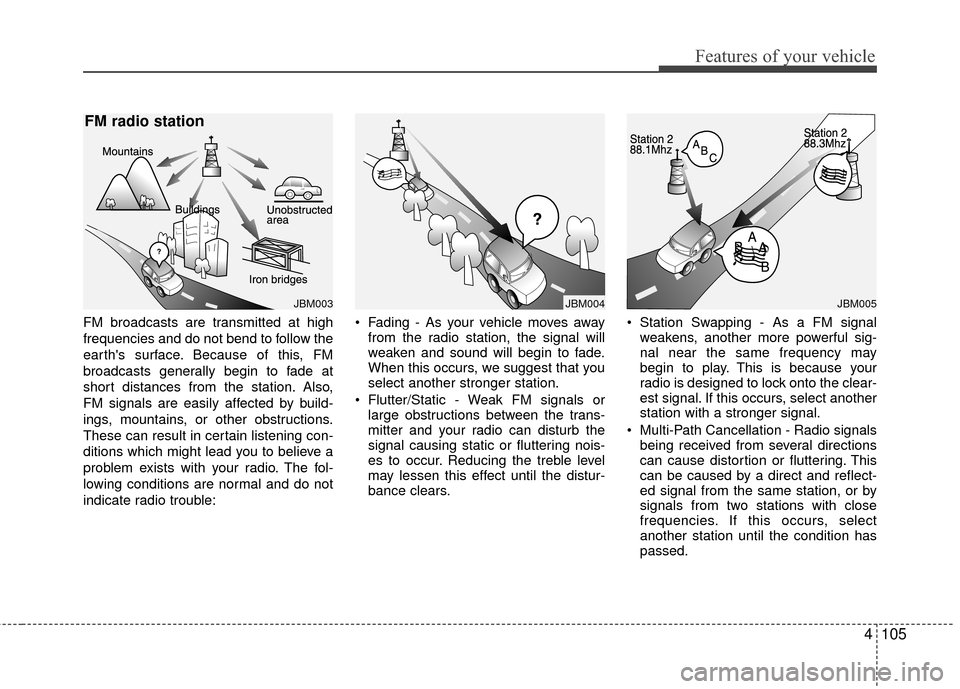 KIA Rio 2015 3.G Owners Manual 4105
Features of your vehicle
FM broadcasts are transmitted at high
frequencies and do not bend to follow the
earths surface. Because of this, FM
broadcasts generally begin to fade at
short distances KIA Rio 2015 3.G Owners Manual 4105
Features of your vehicle
FM broadcasts are transmitted at high
frequencies and do not bend to follow the
earths surface. Because of this, FM
broadcasts generally begin to fade at
short distances