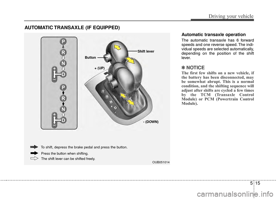 KIA Rio 2015 3.G Owners Guide 515
Driving your vehicle
Automatic transaxle operation
The automatic transaxle has 6 forward
speeds and one reverse speed. The indi-
vidual speeds are selected automatically,
depending on the position