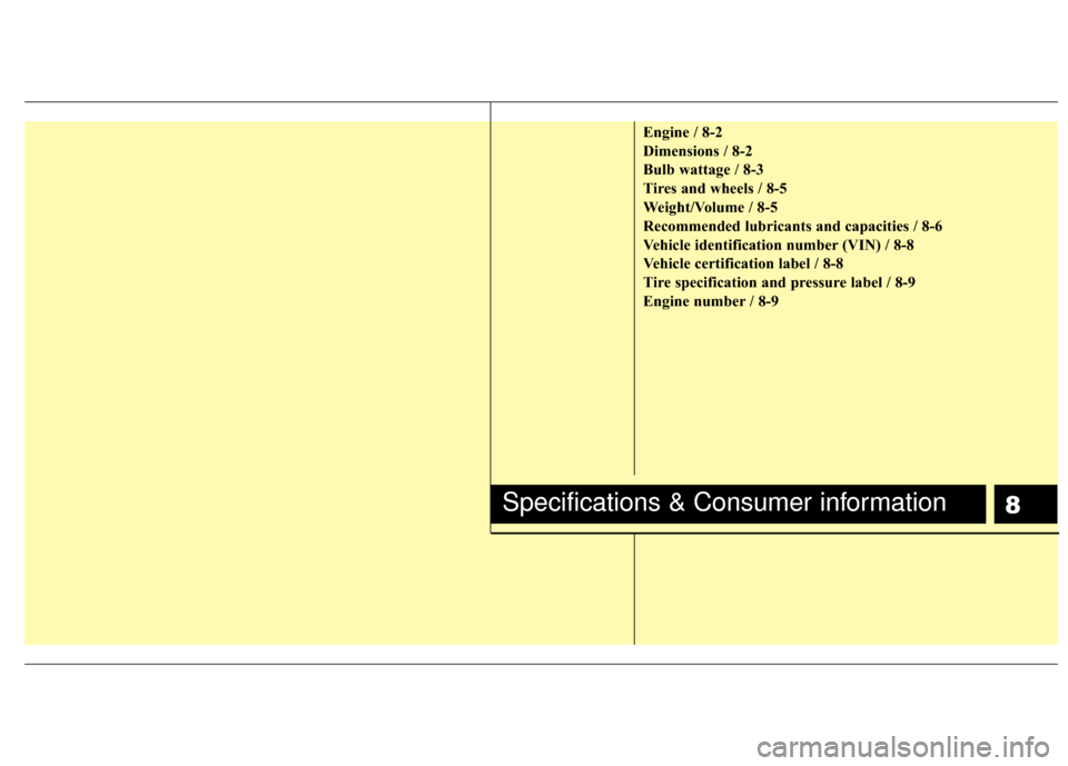 KIA Rio 2015 3.G Service Manual Engine / 8-2
Dimensions / 8-2
Bulb wattage / 8-3
Tires and wheels / 8-5
Weight/Volume / 8-5
Recommended lubricants and capacities / 8-6
Vehicle identification number (VIN) / 8-8
Vehicle certification 