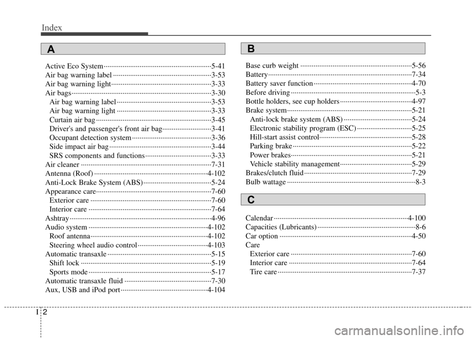 KIA Rio 2015 3.G Owners Manual Index
2I
Active Eco System ··················\
··················\
··················\
···5-41
Air bag warning label ·············