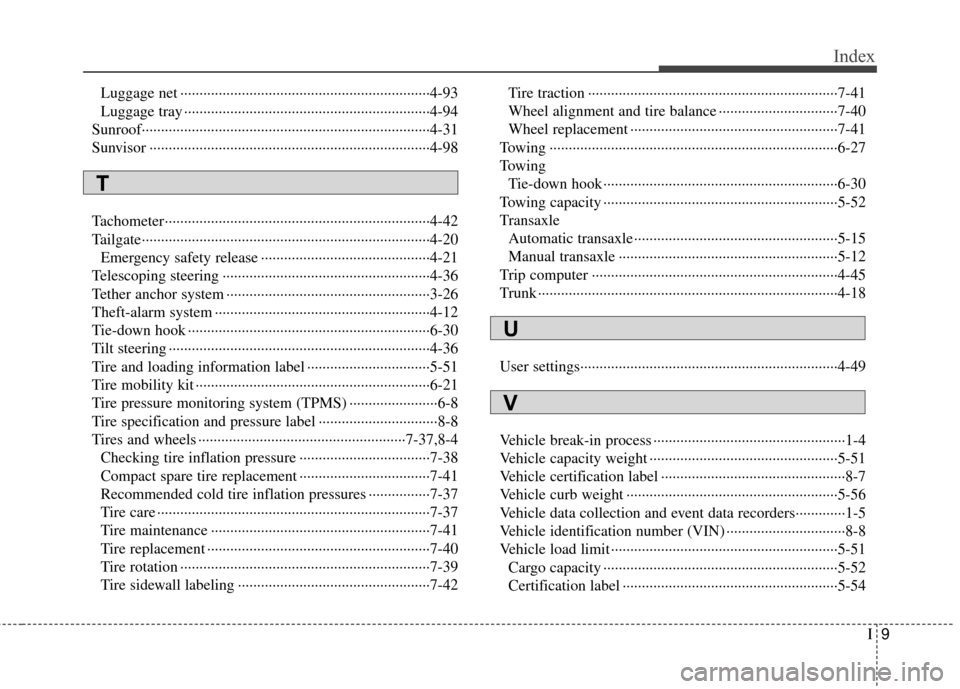 KIA Rio 2015 3.G Owners Manual I9
Index
Luggage net ··················\
··················\
··················\
···········4-93
Luggage tray ············�