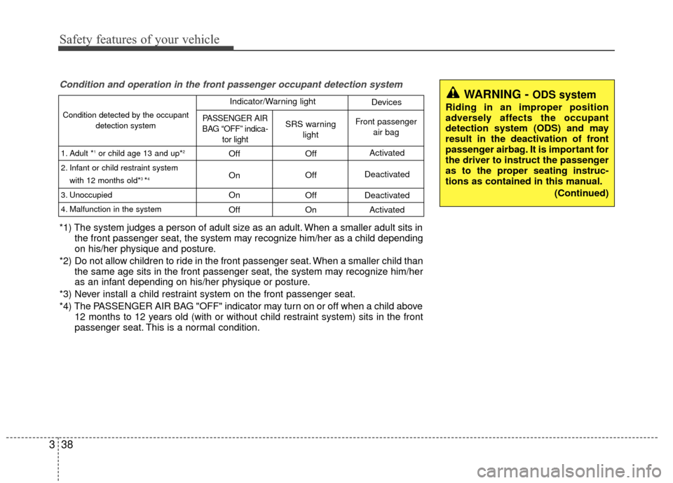 KIA Rio 2015 3.G Owners Manual Safety features of your vehicle
38
3
WARNING - ODS system
Riding in an improper position
adversely affects the occupant
detection system (ODS) and may
result in the deactivation of front
passenger air