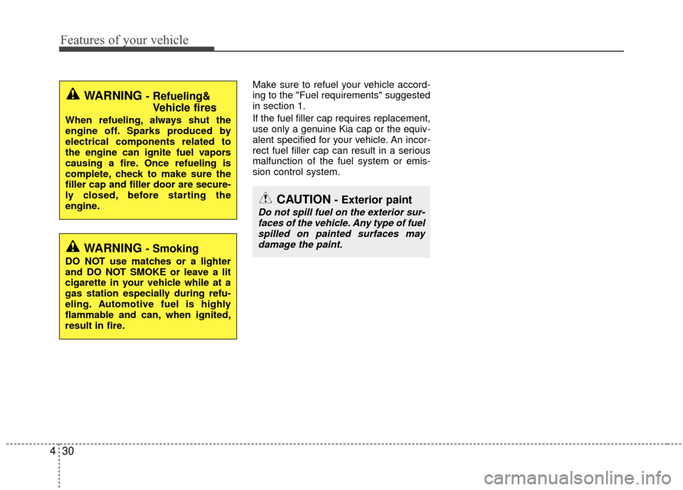 KIA Rio 2015 3.G Workshop Manual Features of your vehicle
30
4
Make sure to refuel your vehicle accord-
ing to the "Fuel requirements" suggested
in section 1.
If the fuel filler cap requires replacement,
use only a genuine Kia cap or