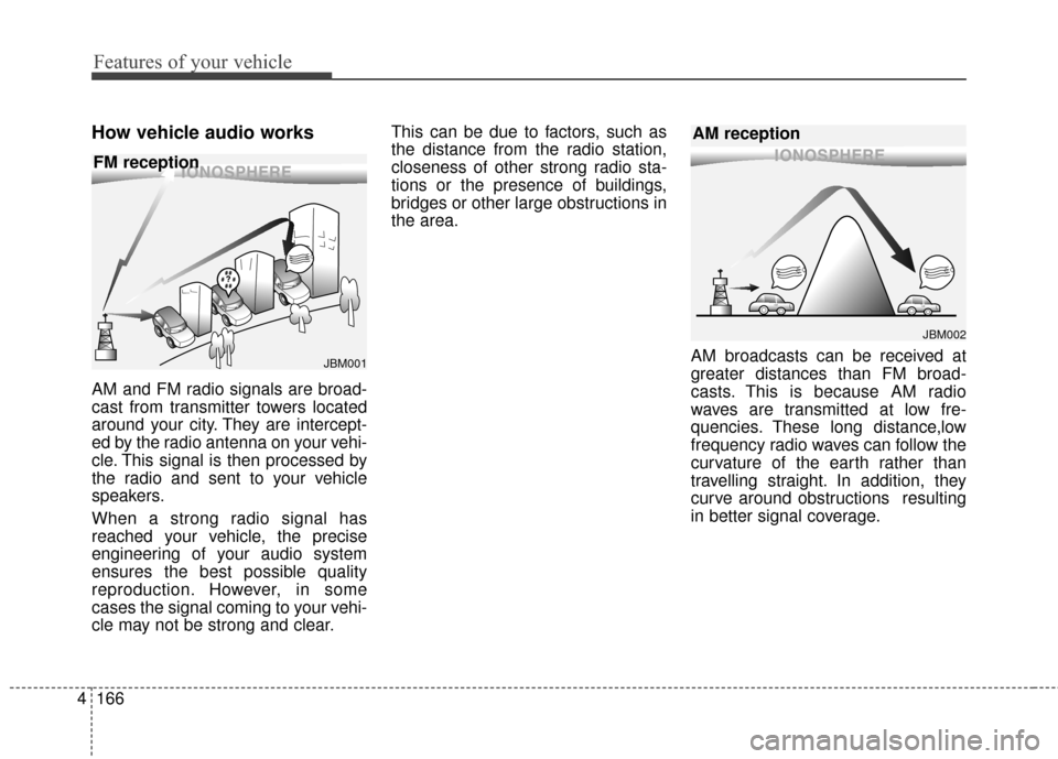 KIA Rondo 2015 3.G Owners Manual Features of your vehicle
166
4
How vehicle audio works
AM and FM radio signals are broad-
cast from transmitter towers located
around your city. They are intercept-
ed by the radio antenna on your veh