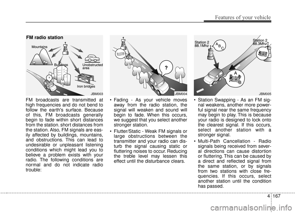 KIA Rondo 2015 3.G Owners Manual Features of your vehicle
4167
FM broadcasts are transmitted at
high frequencies and do not bend to
follow the earths surface. Because
of this, FM broadcasts generally
begin to fade within short dista