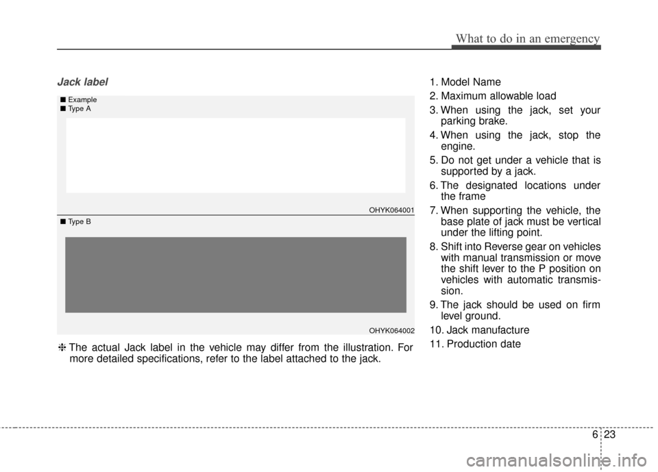 KIA Rondo 2015 3.G Owners Manual 623
What to do in an emergency
Jack label1. Model Name
2. Maximum allowable load
3. When using the jack, set yourparking brake.
4. When using the jack, stop the engine.
5. Do not get under a vehicle t