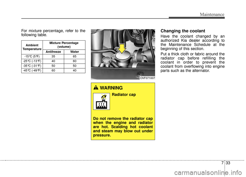KIA Rondo 2015 3.G Owners Manual 733
Maintenance
For mixture percentage, refer to the
following table.Changing the coolant
Have the coolant changed by an
authorized Kia dealer according to
the Maintenance Schedule at the
beginning of KIA Rondo 2015 3.G Owners Manual 733
Maintenance
For mixture percentage, refer to the
following table.Changing the coolant
Have the coolant changed by an
authorized Kia dealer according to
the Maintenance Schedule at the
beginning of