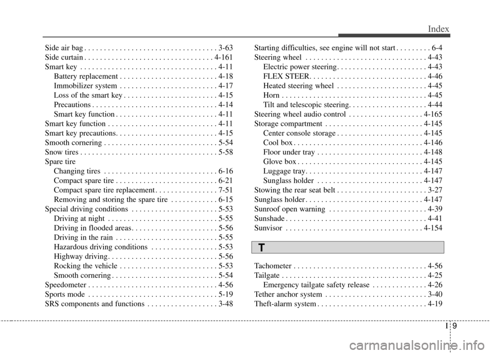 KIA Rondo 2015 3.G Owners Manual I9
Index
Side air bag . . . . . . . . . . . . . . . . . . . . . . . . . . . . . . . . . . 3-63\
Side curtain . . . . . . . . . . . . . . . . . . . . . . . . . . . . . . . . . 4-161
Smart key . . . . 