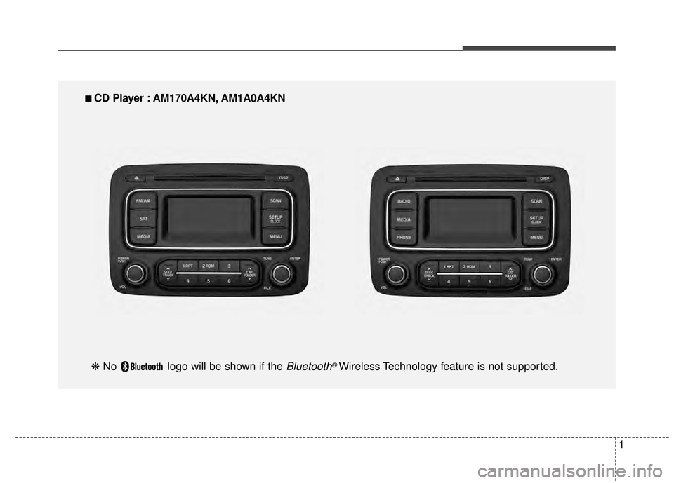KIA Rondo 2015 3.G Owners Manual 1
■
■
CD Player : AM170A4KN, AM1A0A4KN
❋ No logo will be shown if the
Bluetooth®Wireless Technology feature is not supported. KIA Rondo 2015 3.G Owners Manual 1
■
■
CD Player : AM170A4KN, AM1A0A4KN
❋ No logo will be shown if the
Bluetooth®Wireless Technology feature is not supported.
