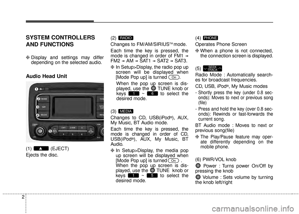 KIA Rondo 2015 3.G Owners Manual 2
SYSTEM CONTROLLERS
AND FUNCTIONS
❈Display and settings may differ
depending on the selected audio.
Audio Head Unit
(1) (EJECT)
Ejects the disc. (2)
Changes to FM/AM/SIRIUS
TM mode.
Each time the KIA Rondo 2015 3.G Owners Manual 2
SYSTEM CONTROLLERS
AND FUNCTIONS
❈Display and settings may differ
depending on the selected audio.
Audio Head Unit
(1) (EJECT)
Ejects the disc. (2)
Changes to FM/AM/SIRIUS
TM mode.
Each time the