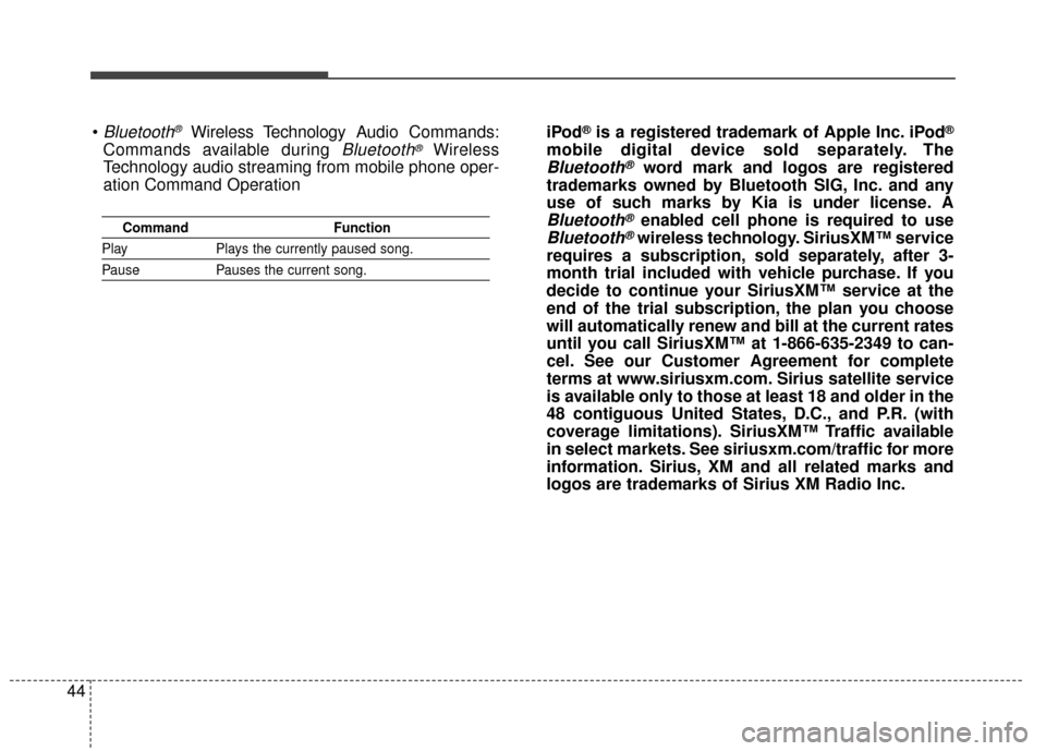 KIA Carens 2015 3.G Owners Manual 44
CommandFunction
PlayPlays the currently paused song.
PausePauses the current song.
Bluetooth®Wireless Technology A udio Commands:
Commands available during 
Bluetooth®Wireless
Technology audio st