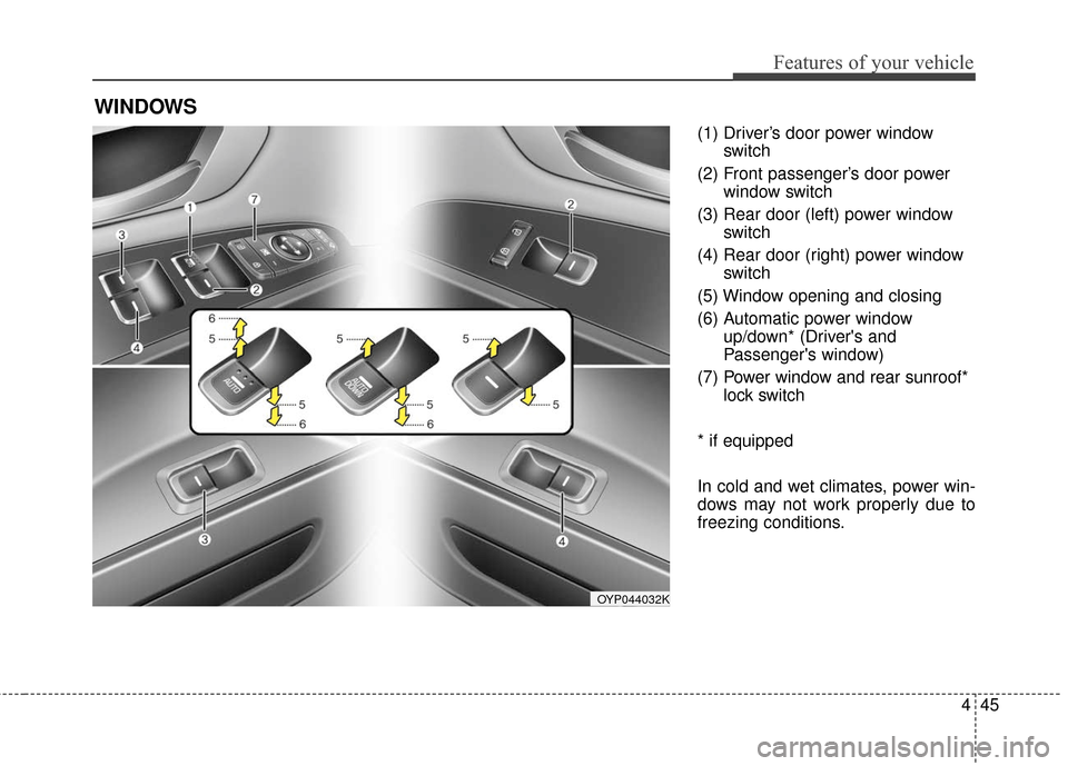 KIA Sedona 2015 3.G Owners Manual 445
Features of your vehicle
(1) Driver’s door power windowswitch
(2) Front passenger’s door power window switch
(3) Rear door (left) power window switch
(4) Rear door (right) power window switch
