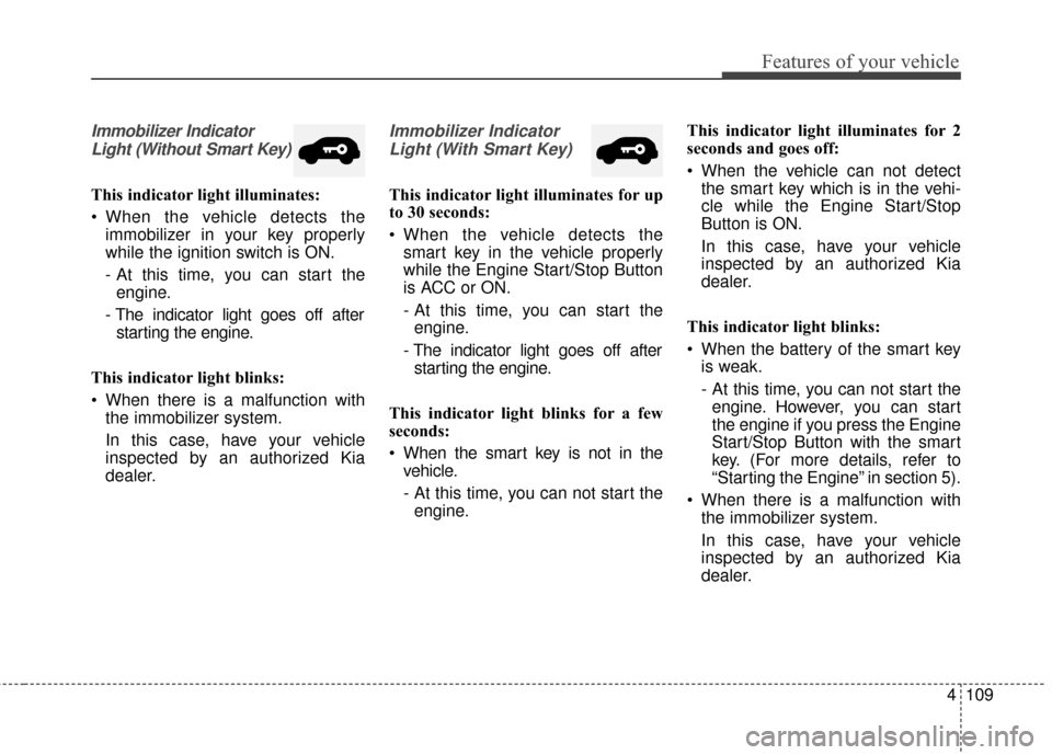 KIA Sedona 2015 3.G Owners Manual 4109
Features of your vehicle
Immobilizer IndicatorLight (Without Smart Key)
This indicator light illuminates:
 When the vehicle detects the immobilizer in your key properly
while the ignition switch 