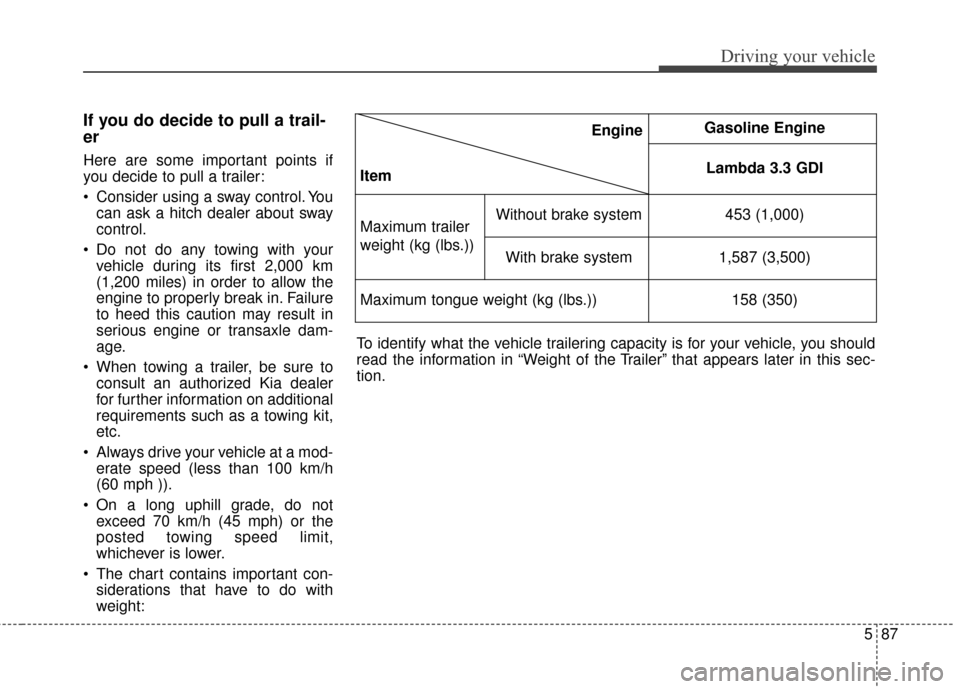 KIA Sedona 2015 3.G Owners Manual 587
Driving your vehicle
If you do decide to pull a trail-
er  
Here are some important points if
you decide to pull a trailer:
 Consider using a sway control. Youcan ask a hitch dealer about sway
con