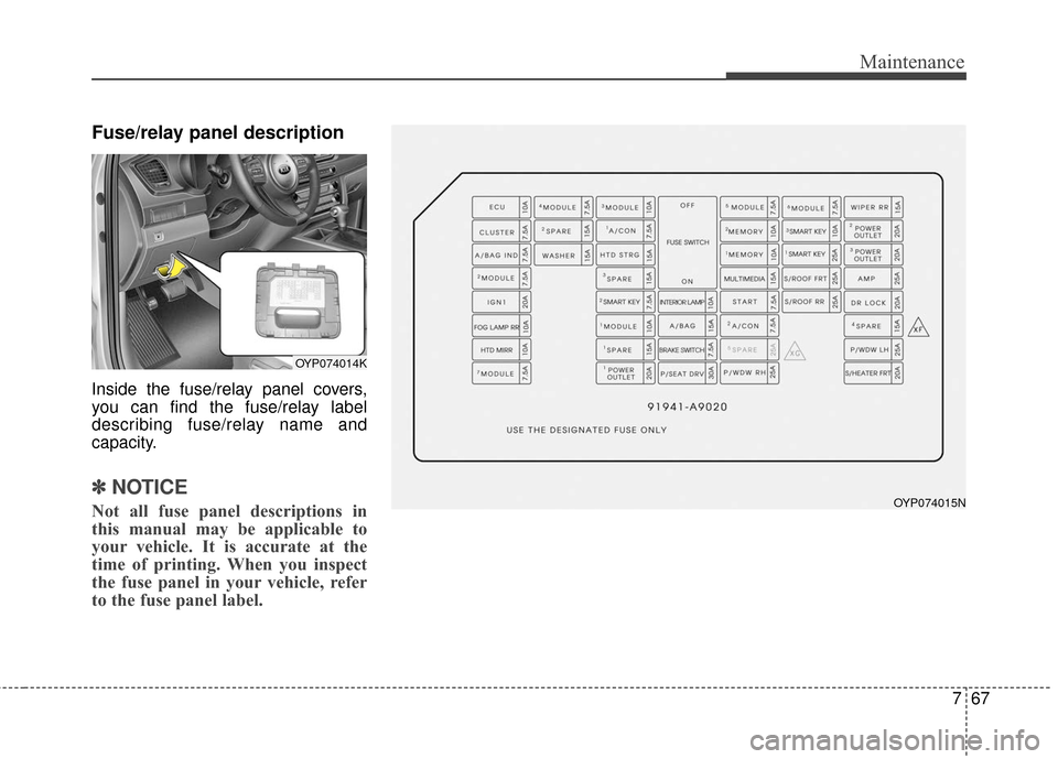 KIA Sedona 2015 3.G Owners Manual 767
Maintenance
Fuse/relay panel description
Inside the fuse/relay panel covers,
you can find the fuse/relay label
describing fuse/relay name and
capacity.
✽ ✽NOTICE
Not all fuse panel description KIA Sedona 2015 3.G Owners Manual 767
Maintenance
Fuse/relay panel description
Inside the fuse/relay panel covers,
you can find the fuse/relay label
describing fuse/relay name and
capacity.
✽ ✽NOTICE
Not all fuse panel description