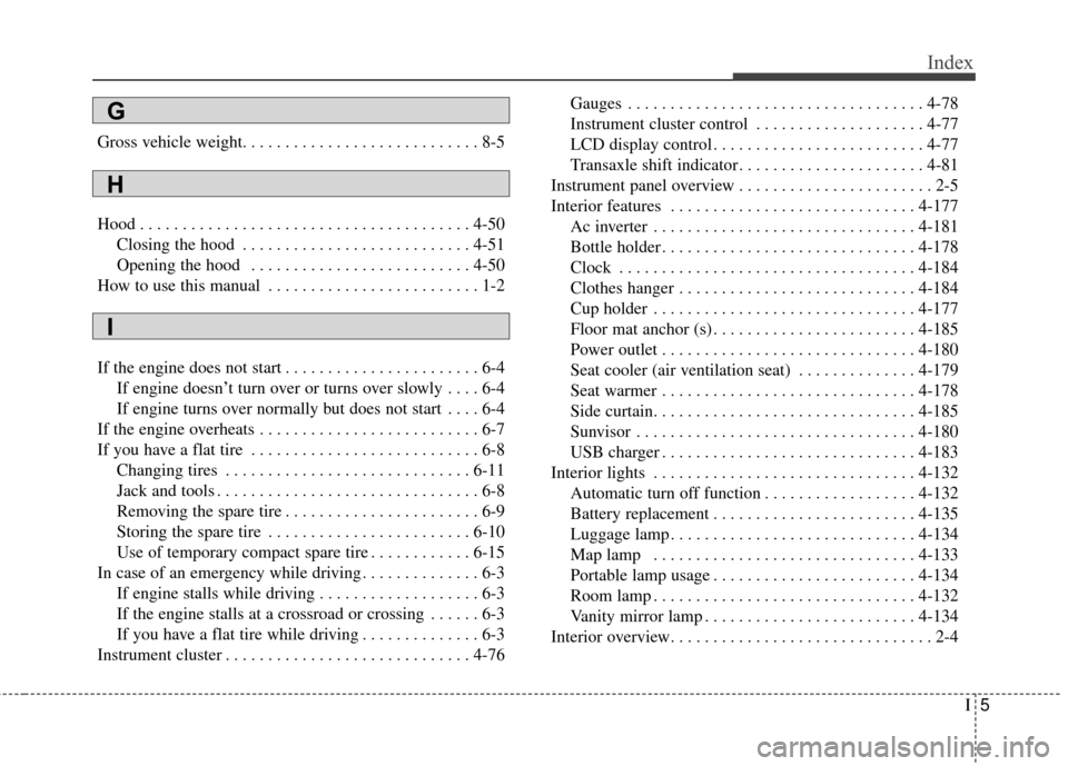 KIA Sedona 2015 3.G Owners Manual I5
Index
Gross vehicle weight. . . . . . . . . . . . . . . . . . . . . . . . . . . . 8-5
Hood . . . . . . . . . . . . . . . . . . . . . . . . . . . . . . . . . . . . \
. . . 4-50Closing the hood . . .