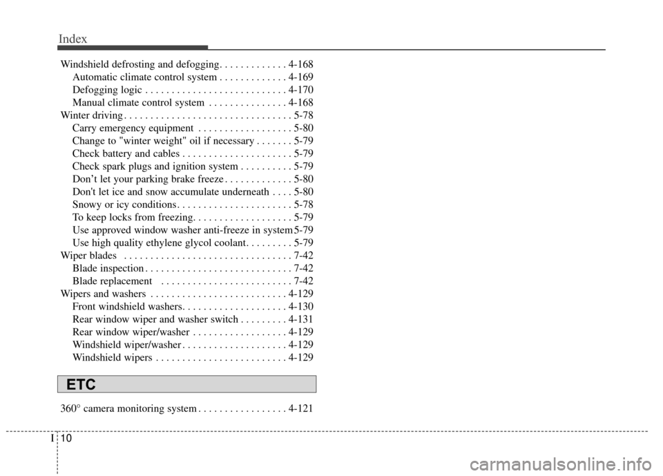 KIA Sedona 2015 3.G Owners Manual Index
10I
Windshield defrosting and defogging. . . . . . . . . . . . . 4-168Automatic climate control system . . . . . . . . . . . . . 4-169
Defogging logic . . . . . . . . . . . . . . . . . . . . . .