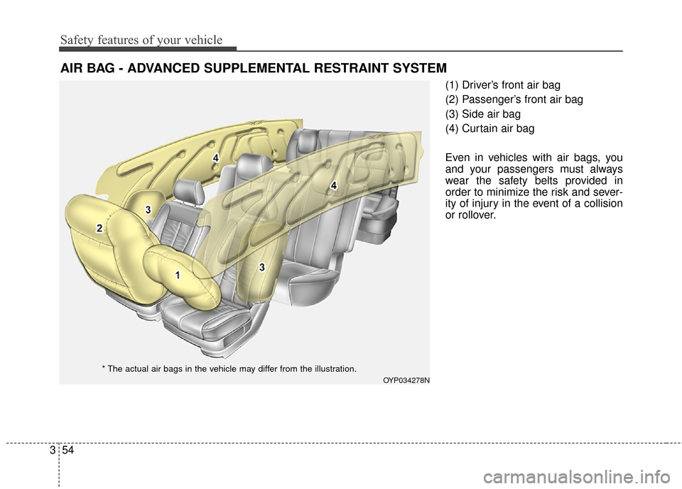 KIA Sedona 2015 3.G Repair Manual Safety features of your vehicle
54
3
(1) Driver’s front air bag
(2) Passenger’s front air bag
(3) Side air bag
(4) Curtain air bag
Even in vehicles with air bags, you
and your passengers must alwa KIA Sedona 2015 3.G Repair Manual Safety features of your vehicle
54
3
(1) Driver’s front air bag
(2) Passenger’s front air bag
(3) Side air bag
(4) Curtain air bag
Even in vehicles with air bags, you
and your passengers must alwa