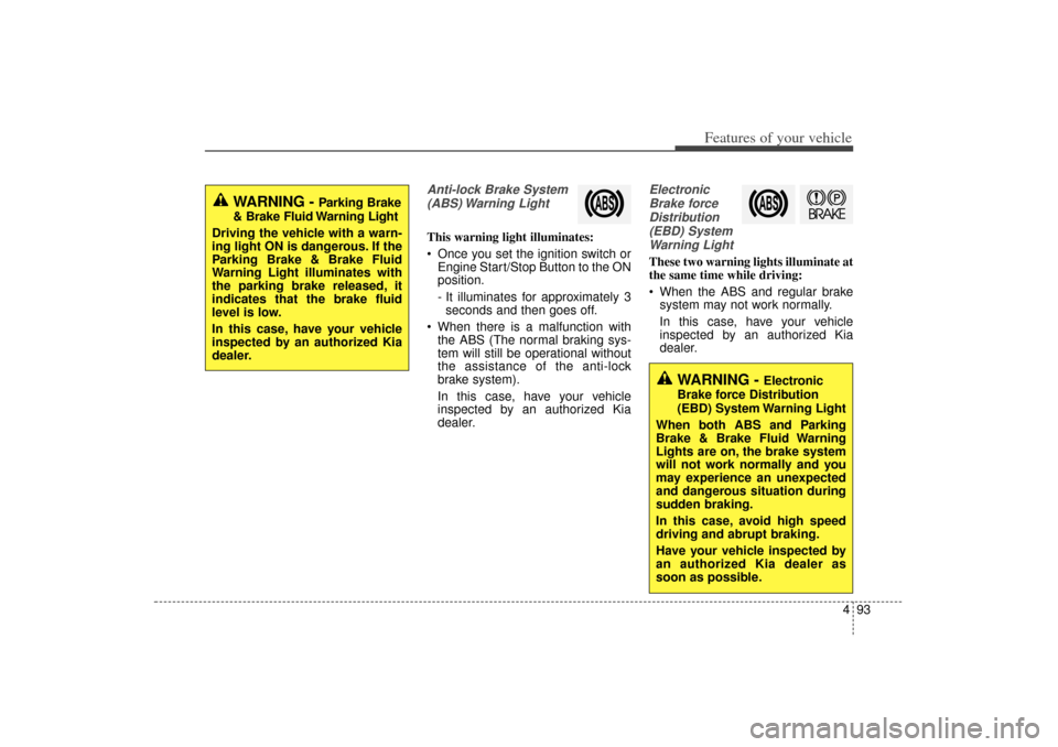 KIA Sorento 2015 3.G Owners Manual 493
Features of your vehicle
Anti-lock Brake System(ABS) Warning  LightThis warning light illuminates:
 Once you set the ignition switch or Engine Start/Stop Button to the ON
position.
- It illuminat