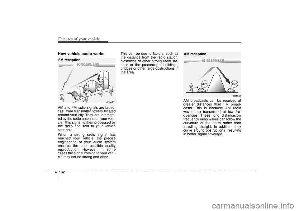 KIA Sorento 2015 3.G Owners Manual Features of your vehicle162
4How vehicle audio worksAM and FM radio signals are broad-
cast from transmitter towers located
around your city. They are intercept-
ed by the radio antenna on your vehi-
