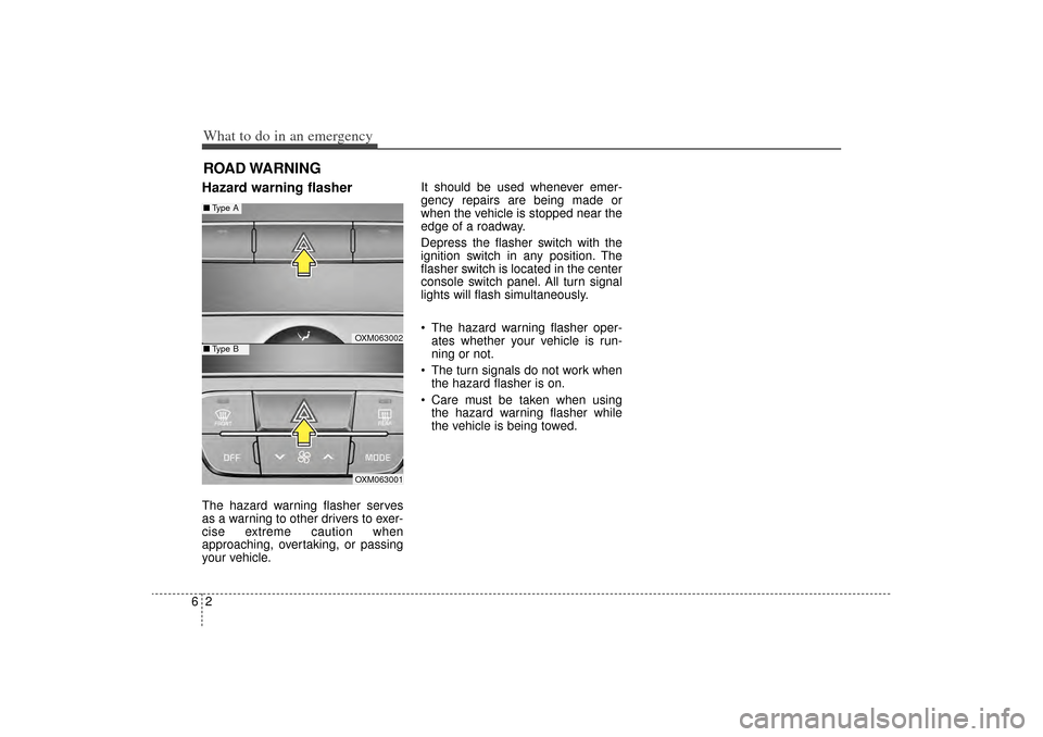 KIA Sorento 2015 3.G Owners Manual What to do in an emergency26ROAD WARNING Hazard warning flasher  The hazard warning flasher serves
as a warning to other drivers to exer-
cise extreme caution when
approaching, overtaking, or passing
