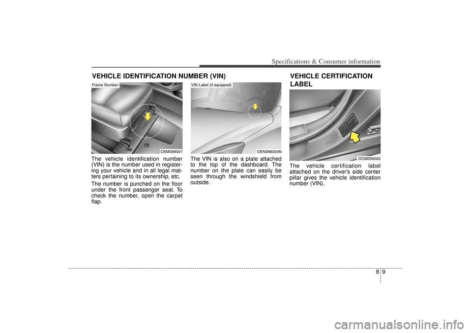 KIA Sorento 2015 3.G Owners Manual 89
Specifications & Consumer information
VEHICLE IDENTIFICATION NUMBER (VIN)The vehicle identification number
(VIN) is the number used in register-
ing your vehicle and in all legal mat-
ters pertaini