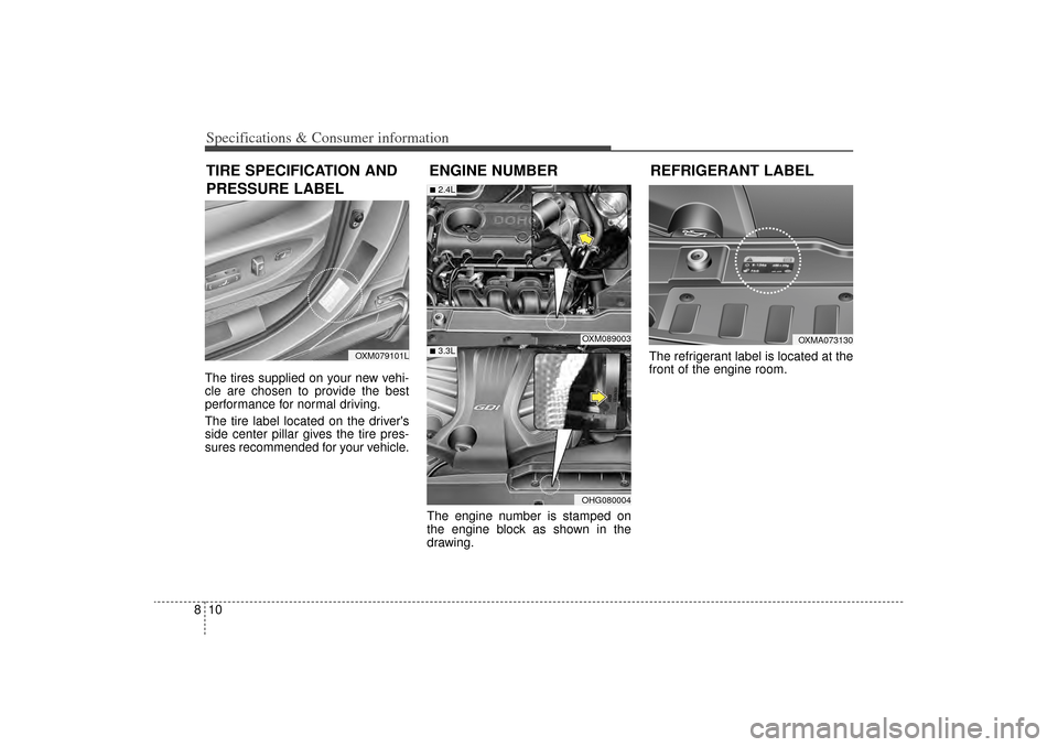 KIA Sorento 2015 3.G Owners Manual Specifications & Consumer information10
8The tires supplied on your new vehi-
cle are chosen to provide the best
performance for normal driving.
The tire label located on the drivers
side center pill