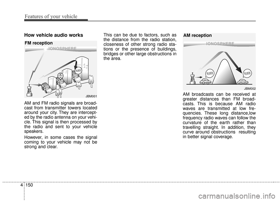 KIA Soul 2015 2.G Owners Manual Features of your vehicle
150
4
How vehicle audio works
AM and FM radio signals are broad-
cast from transmitter towers located
around your city. They are intercept-
ed by the radio antenna on your veh