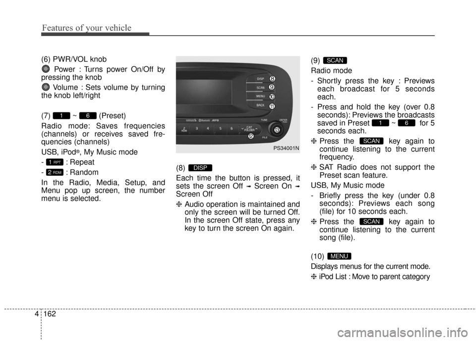 KIA Soul 2015 2.G Owners Manual Features of your vehicle
162
4
(6) PWR/VOL knob
Power : Turns power On/Off by
pressing the knob
Volume : Sets volume by turning
the knob left/right
(7) ~ (Preset)
Radio mode: Saves frequencies
(channe