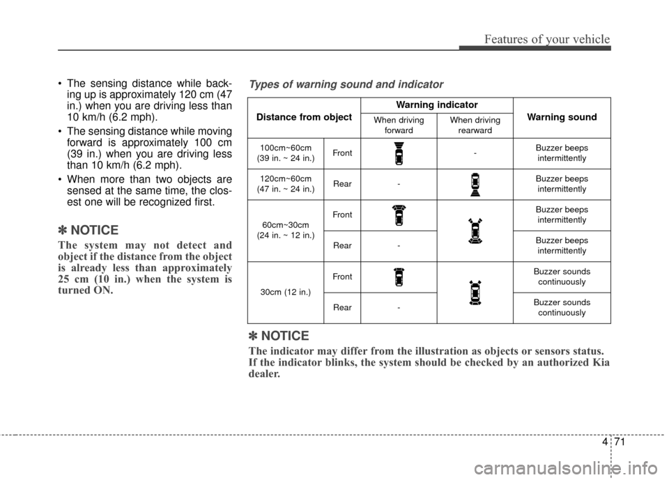 KIA Soul EV 2015 2.G Owners Manual 471
Features of your vehicle
The sensing distance while back-ing up is approximately 120 cm (47
in.) when you are driving less than
10 km/h (6.2 mph).
The sensing distance while moving forward is ap KIA Soul EV 2015 2.G Owners Manual 471
Features of your vehicle
The sensing distance while back-ing up is approximately 120 cm (47
in.) when you are driving less than
10 km/h (6.2 mph).
The sensing distance while moving forward is ap
