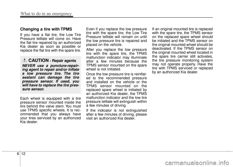 KIA Soul EV 2015 2.G Owners Manual What to do in an emergency
12
6
Changing a tire with TPMS
If you have a flat tire, the Low Tire
Pressure telltale will come on. Have
the flat tire repaired by an authorized
Kia dealer as soon as possi