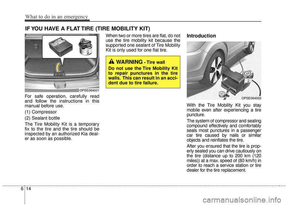 KIA Soul EV 2015 2.G Owners Manual What to do in an emergency
14
6
IF YOU HAVE A FLAT TIRE (TIRE MOBILITY KIT)
For safe operation, carefully read
and follow the instructions in this
manual before use.
(1) Compressor
(2) Sealant bottle
KIA Soul EV 2015 2.G Owners Manual What to do in an emergency
14
6
IF YOU HAVE A FLAT TIRE (TIRE MOBILITY KIT)
For safe operation, carefully read
and follow the instructions in this
manual before use.
(1) Compressor
(2) Sealant bottle