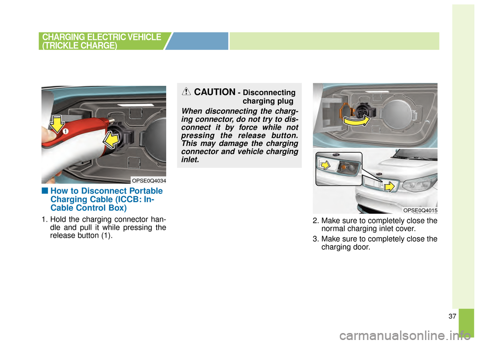 KIA Soul EV 2015 2.G Owners Manual 37
■
■How to Disconnect Portable
Charging Cable (ICCB: In-
Cable Control Box)
1. Hold the charging connector han-
dle and pull it while pressing the
release button (1). 2. Make sure to completely 