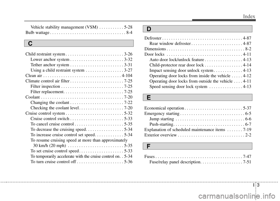 KIA Soul EV 2015 2.G Owners Manual I3
Index
Vehicle stability management (VSM) . . . . . . . . . . . 5-28
Bulb wattage . . . . . . . . . . . . . . . . . . . . . . . . . . . . . . . . . . 8-4
Child restraint system . . . . . . . . . . .