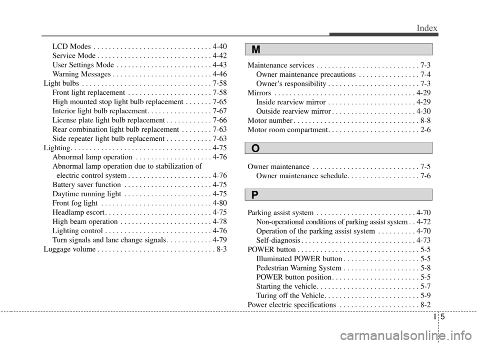 KIA Soul EV 2015 2.G Owners Manual I5
Index
LCD Modes . . . . . . . . . . . . . . . . . . . . . . . . . . . . . . . 4-40
Service Mode . . . . . . . . . . . . . . . . . . . . . . . . . . . . . . 4-42
User Settings Mode . . . . . . . . .