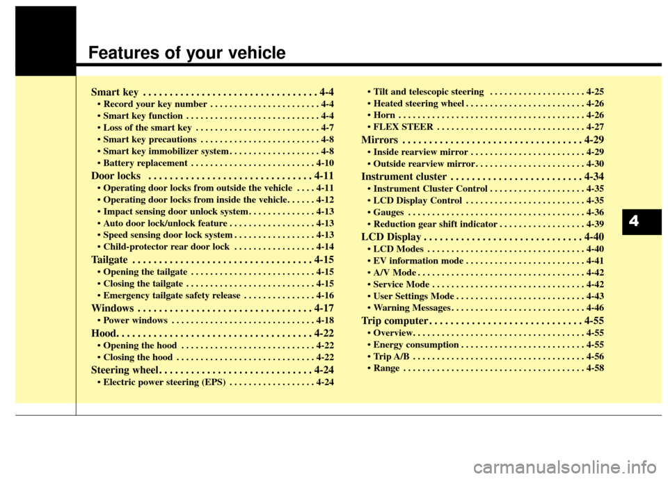 KIA Soul EV 2015 2.G Owners Manual Features of your vehicle
Smart key . . . . . . . . . . . . . . . . . . . . . . . . . . . . . . . . . 4-4
• Record your key number . . . . . . . . . . . . . . . . . . . . . . . 4-4
 . . . . . . . . .