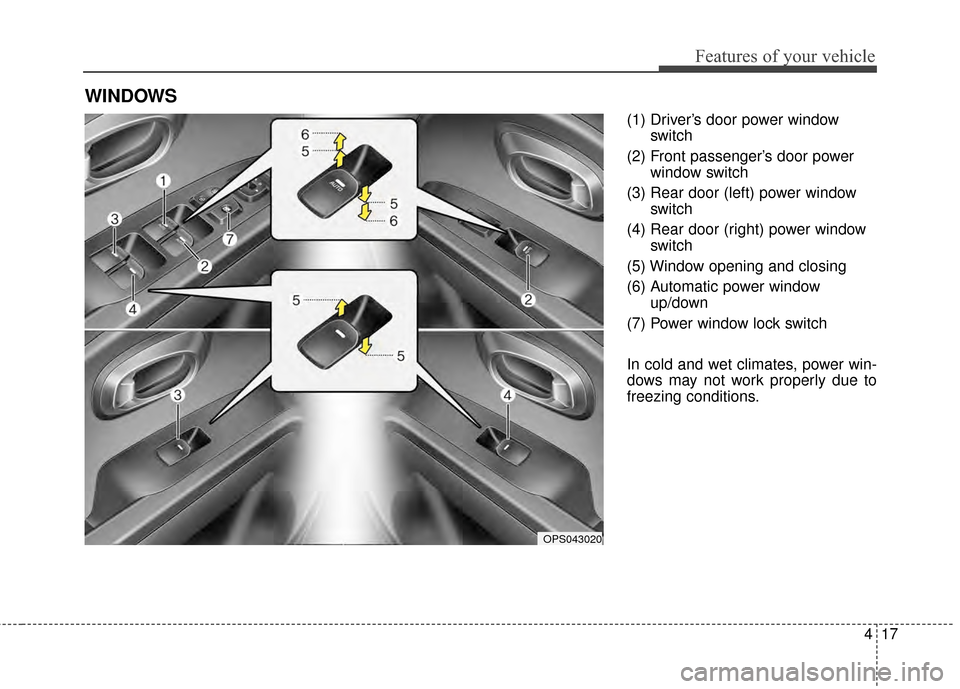 KIA Soul EV 2015 2.G Owners Manual 417
Features of your vehicle
(1) Driver’s door power windowswitch
(2) Front passenger’s door power window switch
(3) Rear door (left) power window switch
(4) Rear door (right) power window switch
